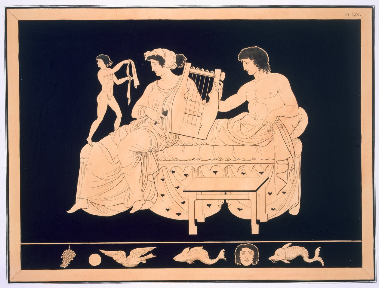 Pariskunta rentoutumassa lyyran kanssa, julkaistu 1808-10 88:kuva Aubian Louis Millin de Grandmaisonin Peintures de Vases Antiques Vulgairement Appeles Etrusques -sidoksista, jossa I tekijältä French School