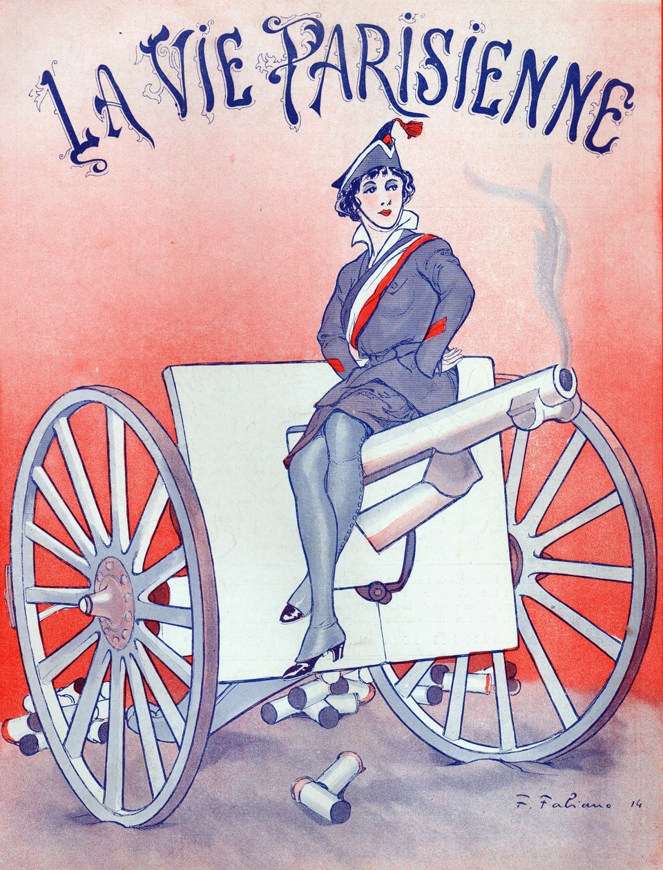 Kansi "La Vie Parisiennen", nainen istuu aseen piipulla, 16. tammikuuta 1915 tekijältä French School