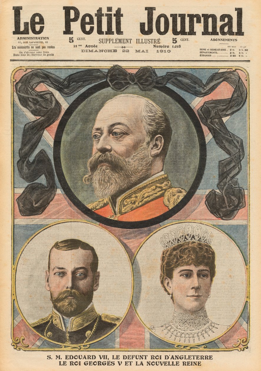 Kuningas Edward VII:n, kuningas Yrjö V:n ja kuningatar Maryn kuolema, kuvitus Le Petit Journalista, liitekuva, 22. toukokuuta 1910 tekijältä French School