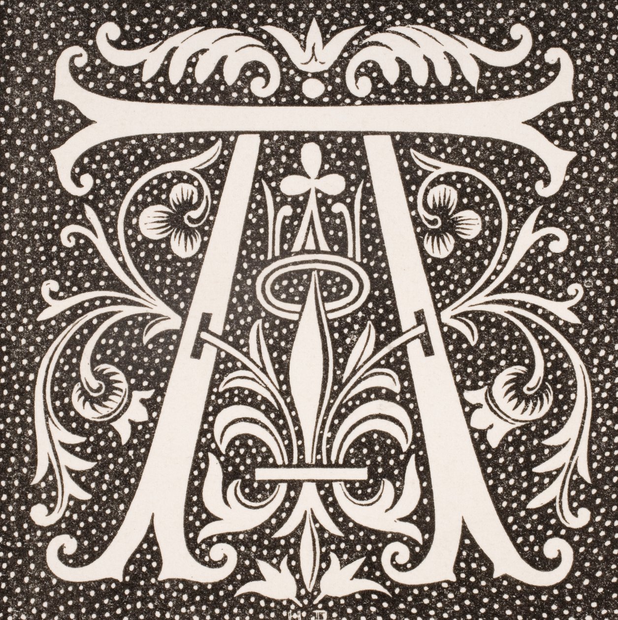 Koristeltu A-kirjain Paul Lacroixin (1806-84) teoksesta Le Moyen Age et La Renaissance, julkaistu 1847 tekijältä French School