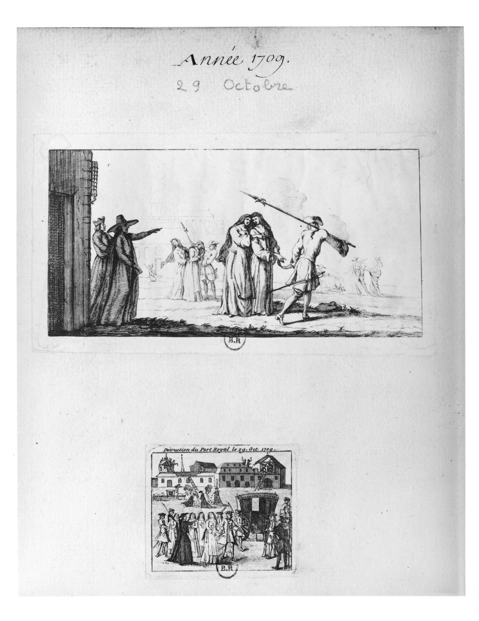 Port-Royal des Champsin tuhoaminen ja nunnien pidätys 29. lokakuuta 1709 (kaiverrus) (bw-kuva) tekijältä French School