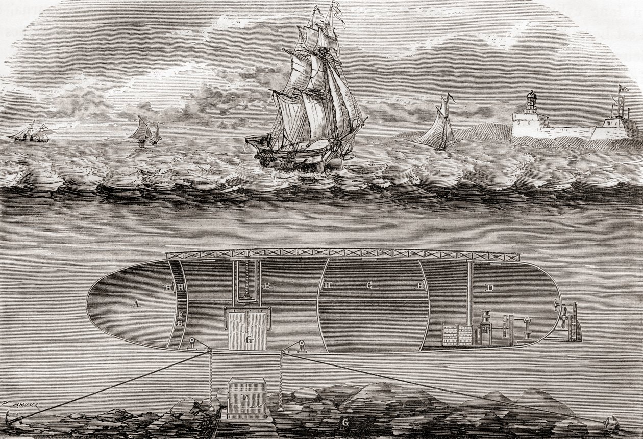Tohtori Antoine Prosper Payernes 1800-luvun sukellusvene The Belledone, rakennettu vuonna 1846, Les Merveilles de la Science, julkaistu noin 1870 tekijältä French School