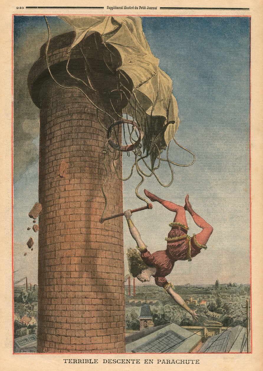 Kauhea laskuvarjon pudotus, Viola Spencer, kuvitus "Le Petit Journalista", liitekuva, 24. heinäkuuta 1910 tekijältä French School