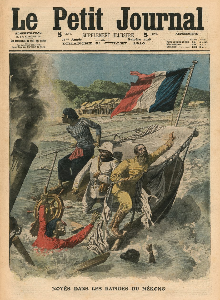 Hukkuminen Mekongin koskiin, kuvitus Le Petit Journalista, liitekuva, 31. heinäkuuta 1910 tekijältä French School