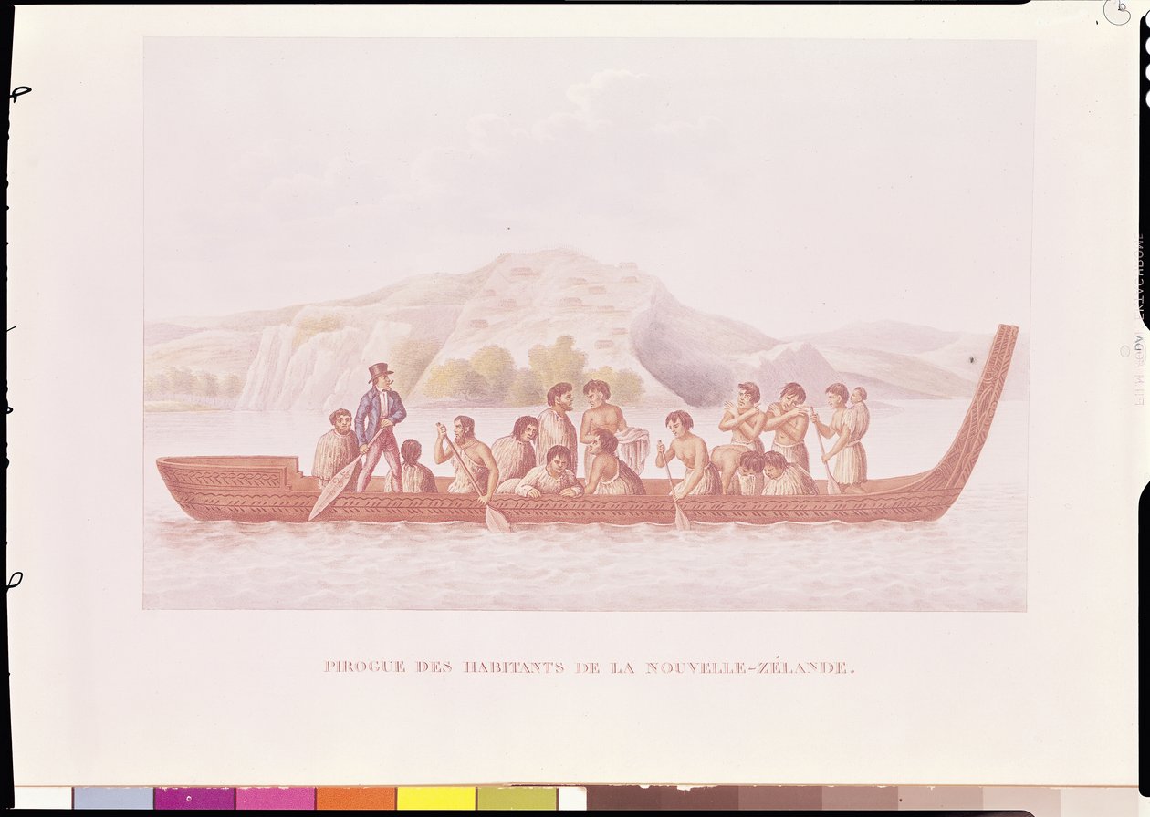 Uuden-Seelannin syntyperäisten ohjaama korsukanootti, kuvitus Louis Isidore Duperreyn (1786-1865) teoksesta Voyage Around the World in the Corvette La Coquille tekijältä French School