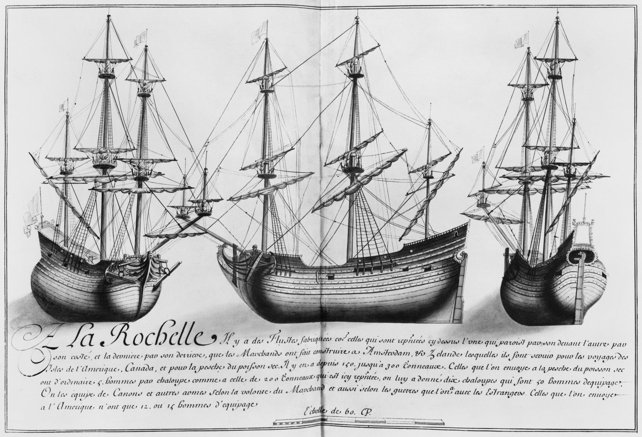 Hollantilaiset kauppalaivat, La Rochelle, kuvitus teoksesta "Desseins des differentes manieres de vaisseaux...depuis Nantes jusqu