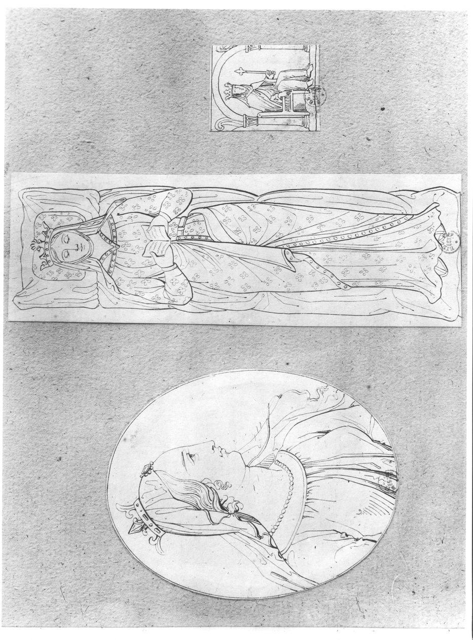 Akvitanian Eleanori (noin 1122-1204): Muotokuva profiilissa, makuuasennossa ja valtaistuimella (ks. myös 155489 ja 158140). tekijältä French School