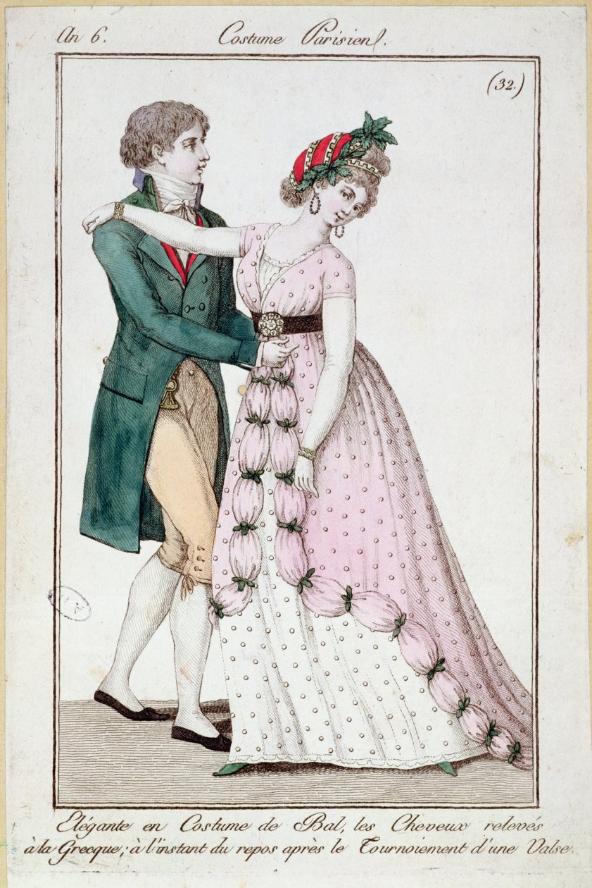 Tyylikäs pariskunta tanssii valssia, elokuvasta Costume Parisien, 1798 tekijältä French School