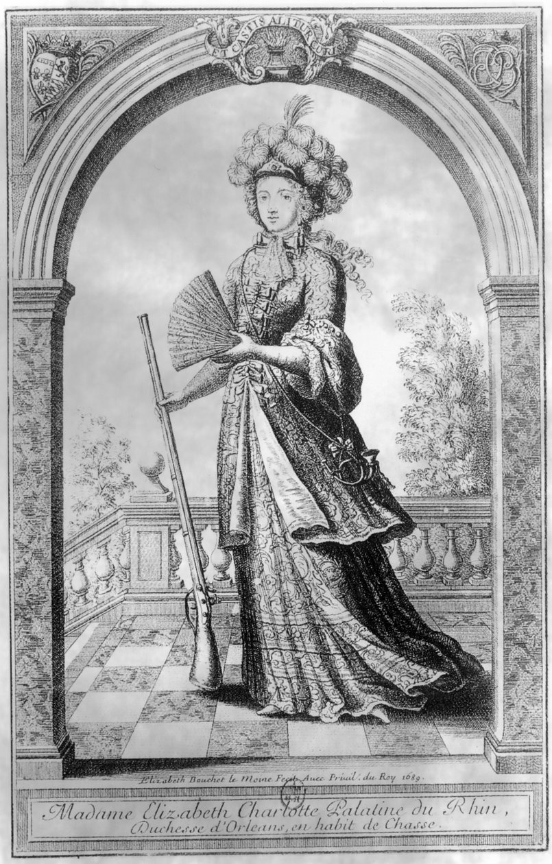 Elizabeth Charlotte Pfalz, Orleansin herttuatar metsästysasussa, 1689 tekijältä French School