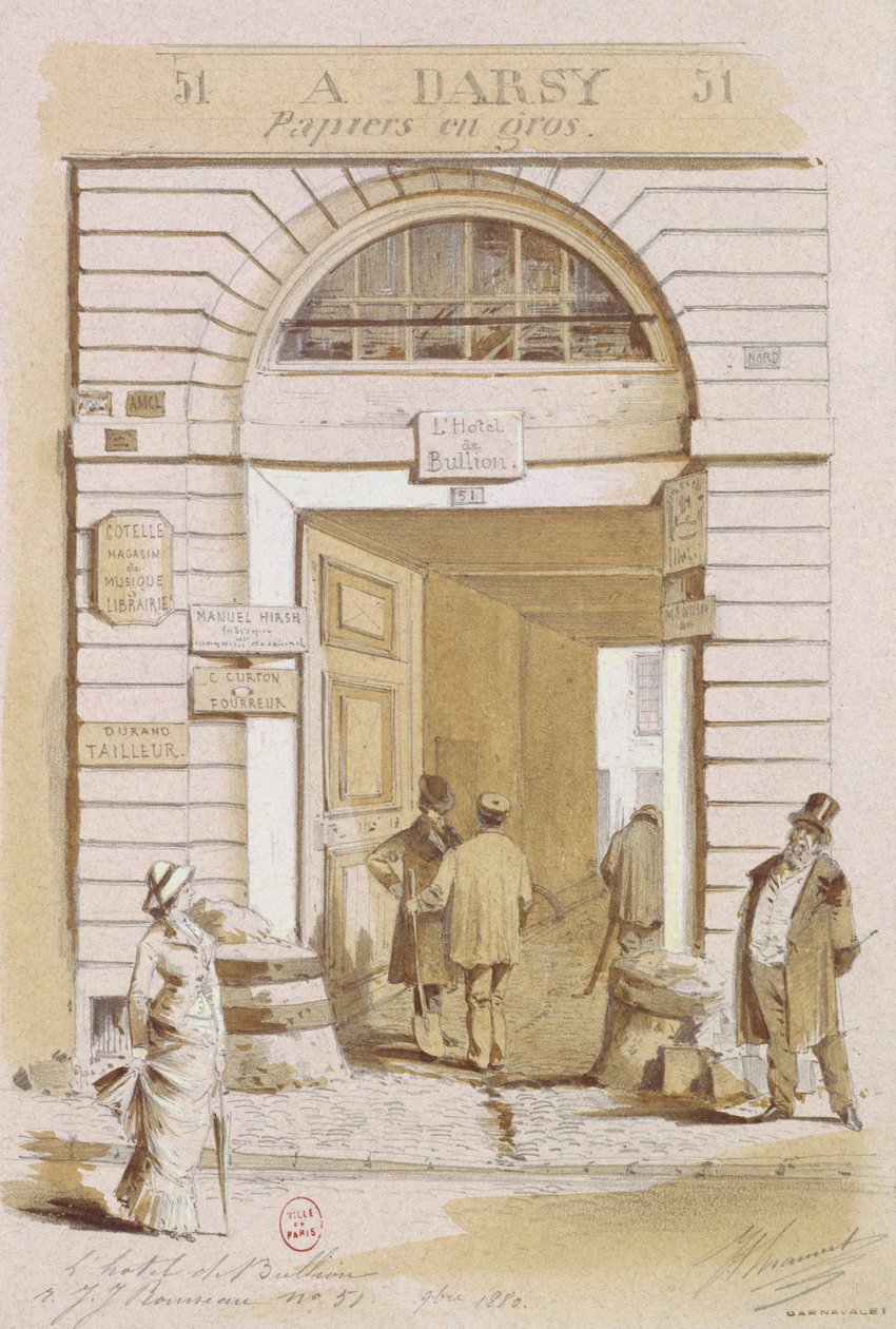 Hotel Bullionin sisäänkäynti, 57 rue Jean-Jacques Rousseau, Pariisi, 1880 (wc paperilla) tekijältä French School