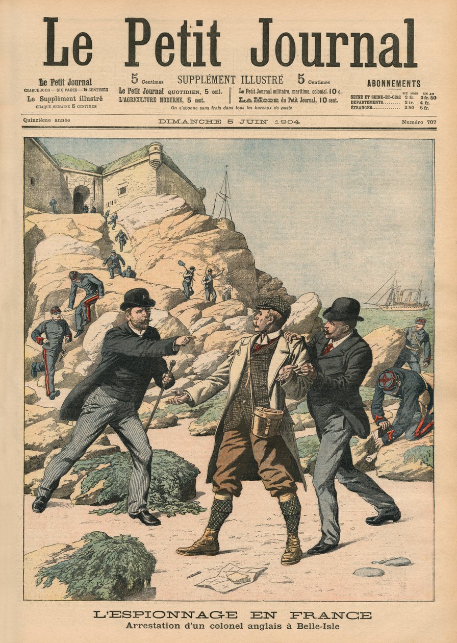 Vakoilu Ranskassa, englantilaisen everstin pidätys Belle-Islessä, kuva Le Petit Journalista, liite illustre, 5. kesäkuuta 1904 tekijältä French School