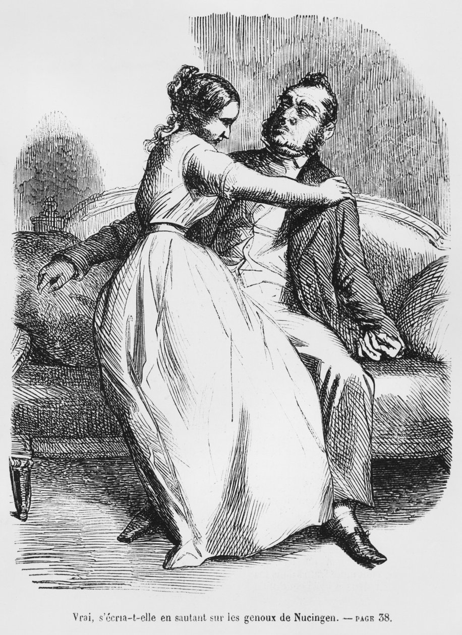 Esther van Gobseck ja Nucingenin paroni, kuvitus Honore de Balzacin teoksesta Splendeurs et Miseres des Courtisanes, julkaistu 1867 tekijältä French School