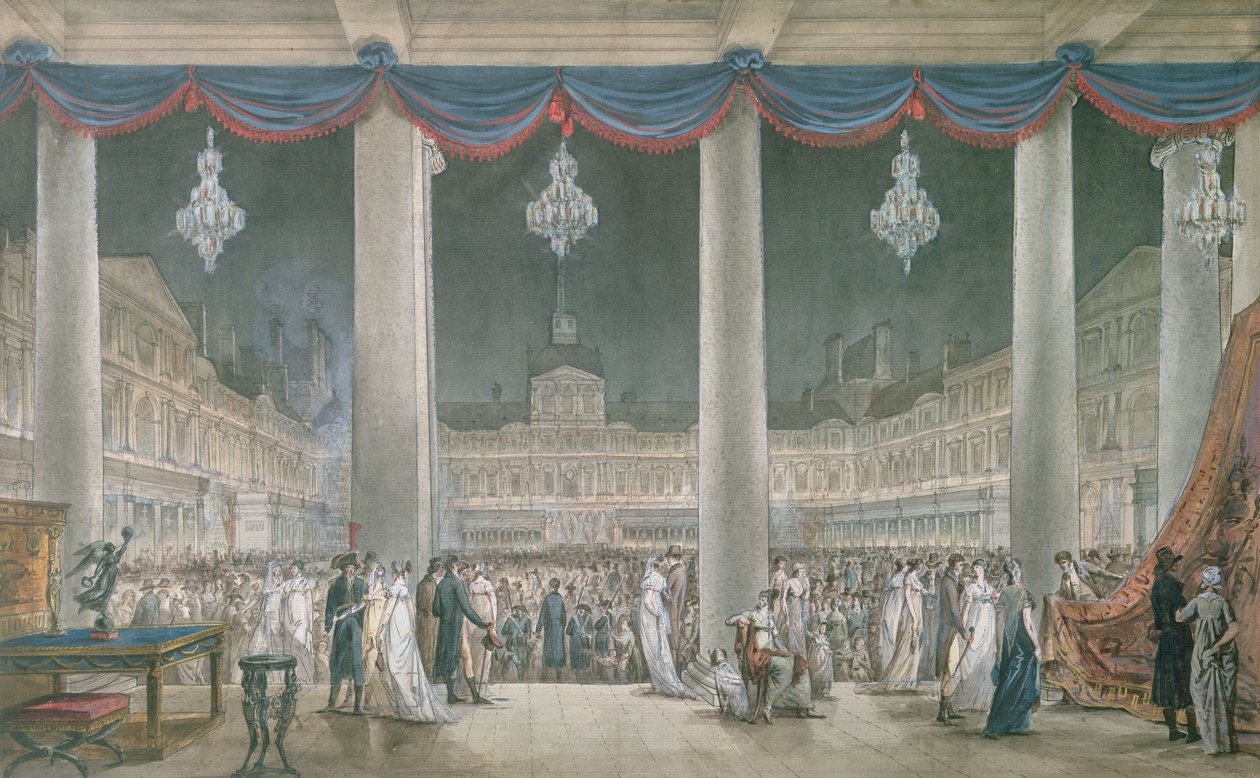 Teollisuustuotteiden näyttely Louvren sisäpihalla 1801 (guassi ja wc paperilla) tekijältä French School