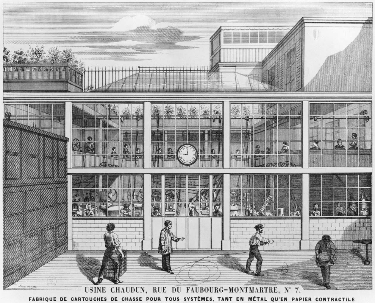 Haulikkopatruunoiden tehdas, Usine Chaudun, rue du Faubourg Montmartre 7, Pariisi, kaiverrus Luc (1800-luku) tekijältä French School