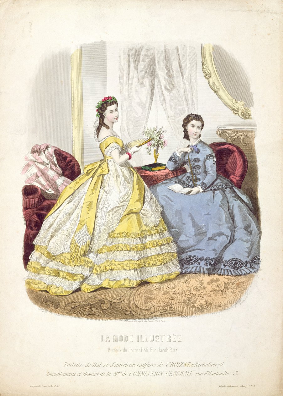 Muotikilpi, jossa on pallopukuja, kuvitus "La Mode Illustreesta", 1864 tekijältä French School