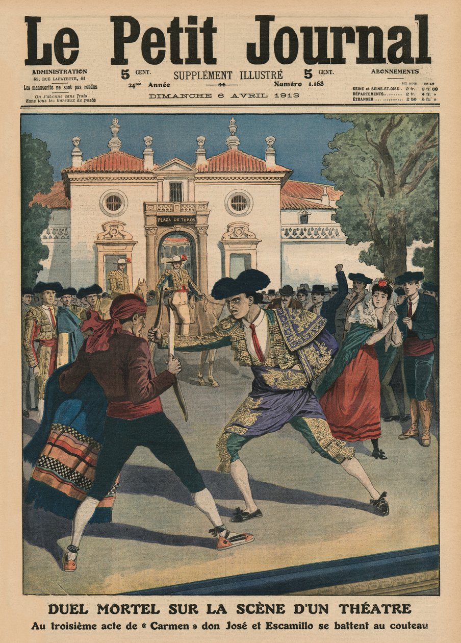 Kohtalokas kaksintaistelu espanjalaisen teatterin lavalla Carmen-oopperan kolmannen näytöksen aikana, etukannen kuvitus Le Petit Journalista, 6. huhtikuuta 1913 tekijältä French School