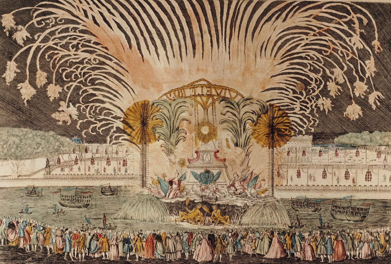 Ilotulitus Ludvig XV:n paikalla Kuninkaan ratsastuspatsaan vihkimisen yhteydessä, 20. kesäkuuta 1763 (katso myös 265480) tekijältä French School