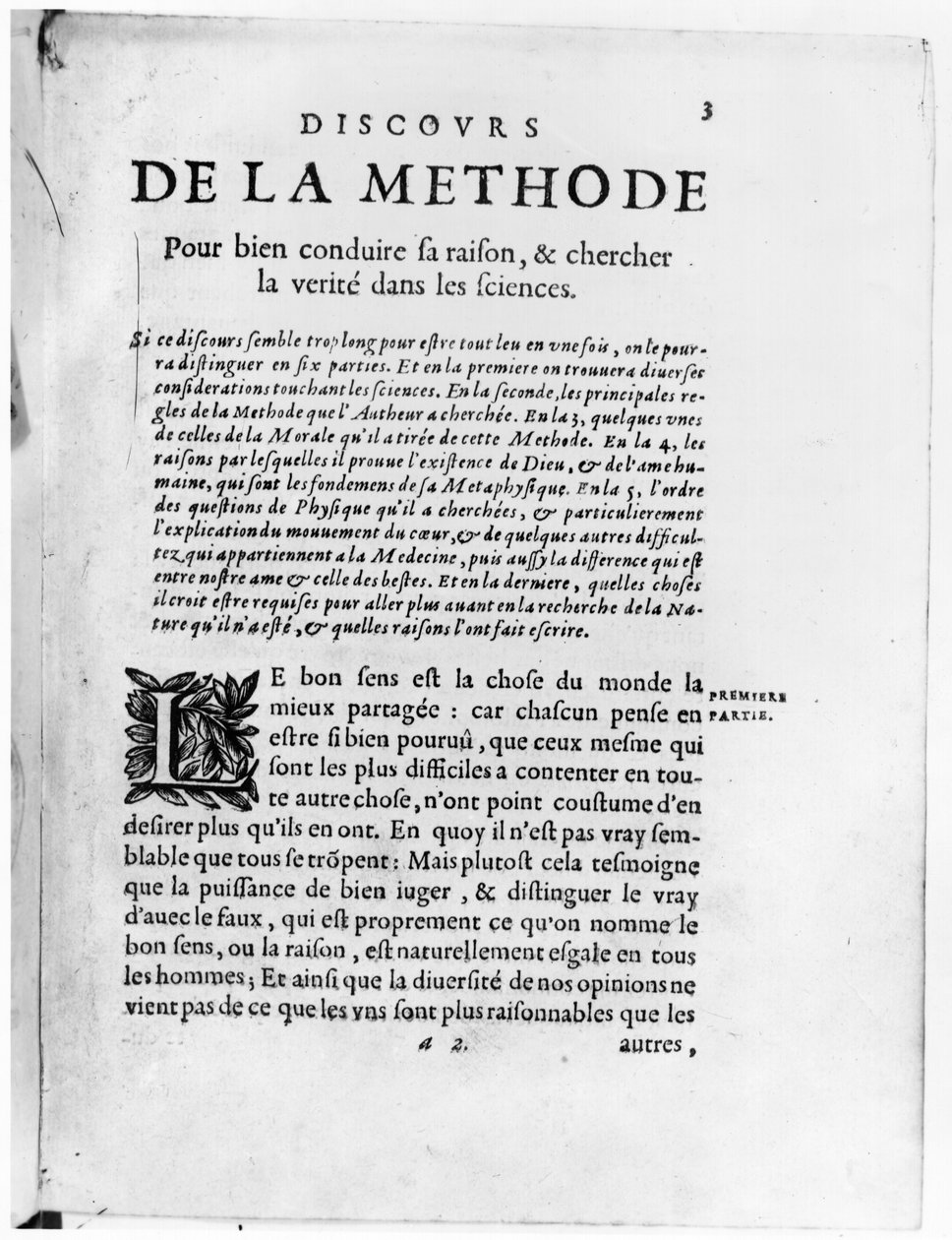 Rene Descartesin (1596-1650) "Discours de la Methode" ensimmäinen sivu tekijältä French School