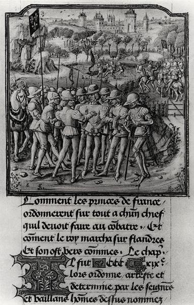 Fol.311 Philippe Bold, Burgundin herttuan, Jean de Francen, Berryn herttua ja Ludvig II, Bourbonin herttua Senlisissä, sotaneuvosto Froissarts Chroniclesta, n. 1472 tekijältä French School