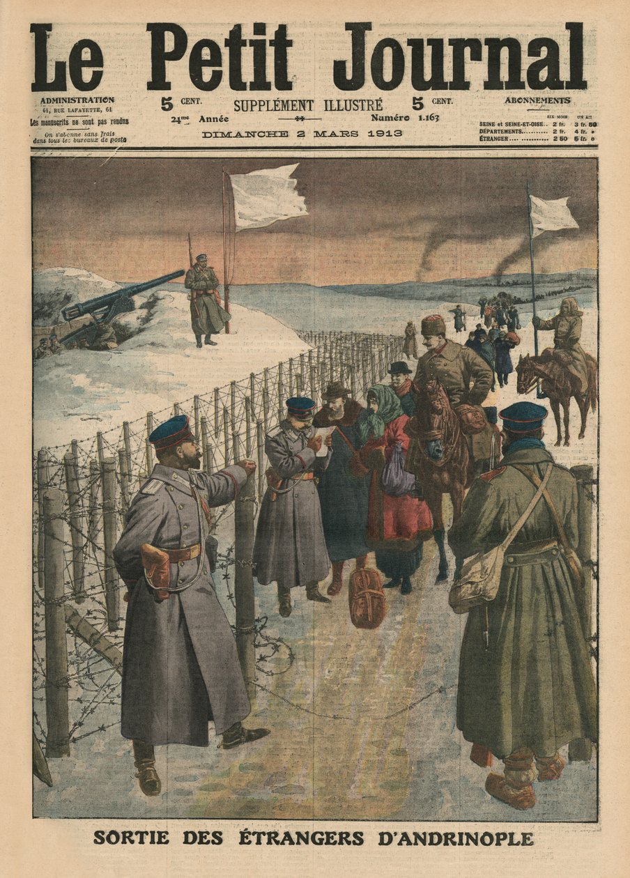Ulkomaalaisia tulossa Andrinopolista, etukannen kuvitus "Le Petit Journalista", liitekuva, 2. maaliskuuta 1913 tekijältä French School
