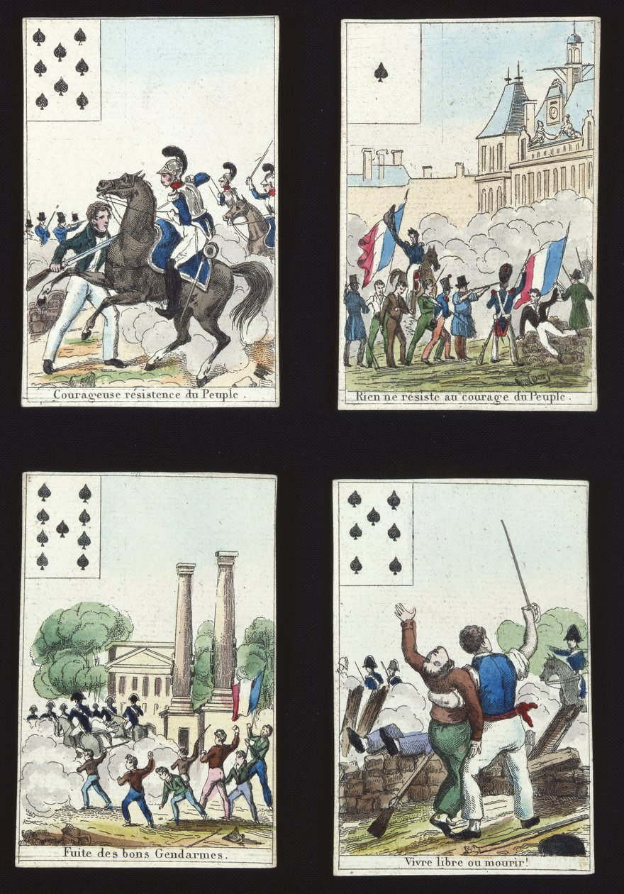 Neljä korttia pakkauksesta, joissa on propagandakohtauksia vuoden 1830 vallankumouksesta, Pariisi, 1831 tekijältä French School