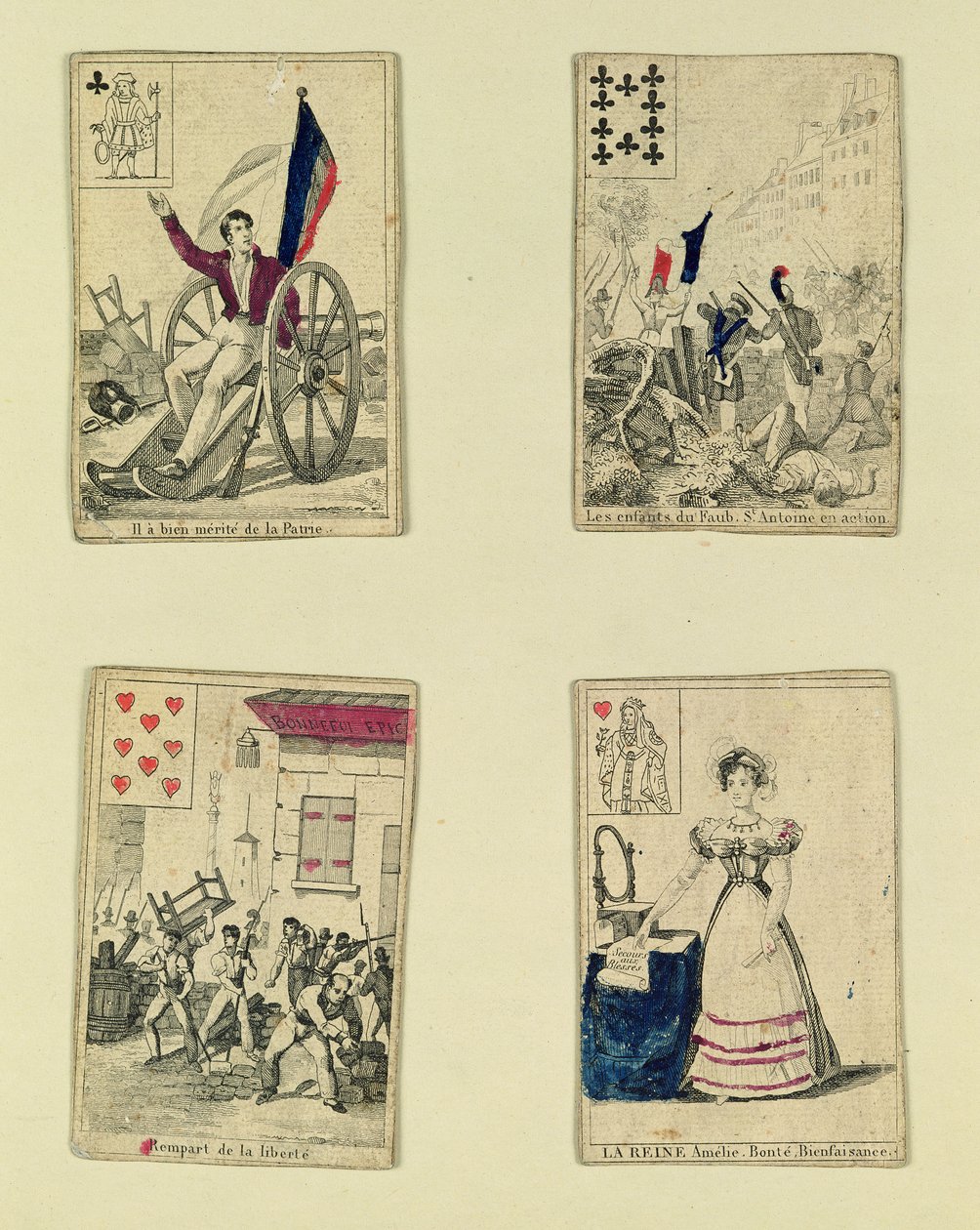 Neljä pelikorttia heinäkuun 1830 ja 1831 sankareiden muistoksi. tekijältä French School