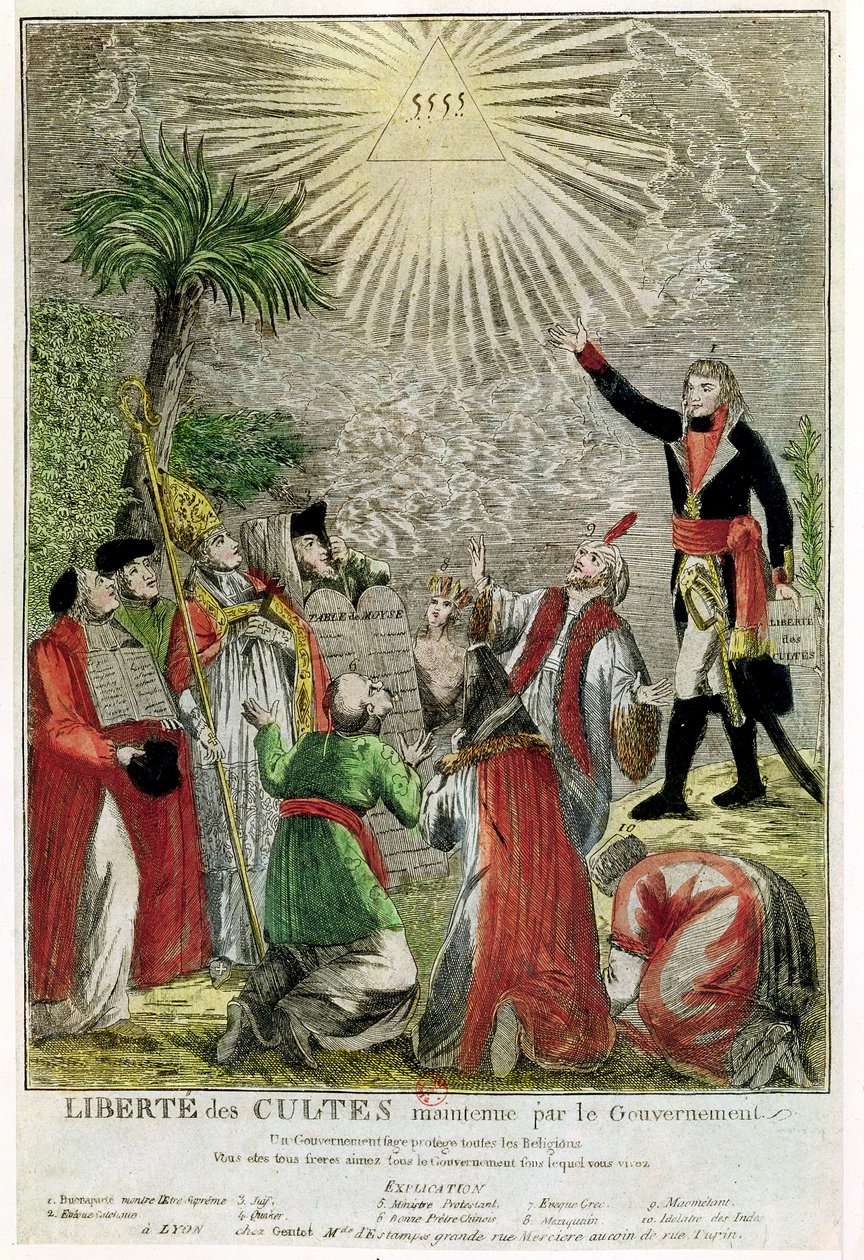 Uskonnonvapaus Napoleonin konsulttikaudella, jossa Napoleon osoittaa kohti korkeinta olentoa, 1799 (värikaiverrus). tekijältä French School