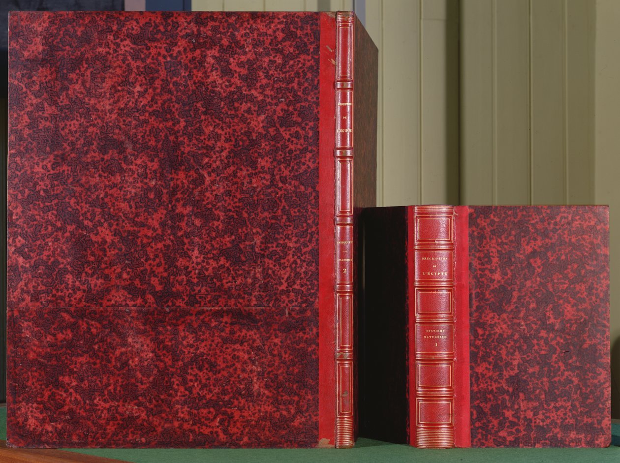 Kuvaus de lEgypte, 1. kirjan etukansi, osa II, antiikki, ja kirjan 8. osa I takakansi, Histoire Naturelle, 1809 (nahka) tekijältä French School