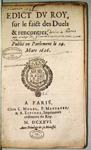 Edict du Roy sur le Faict des Duels et Rencontres -elokuva, maaliskuu 1626 (painettu) tekijältä French School