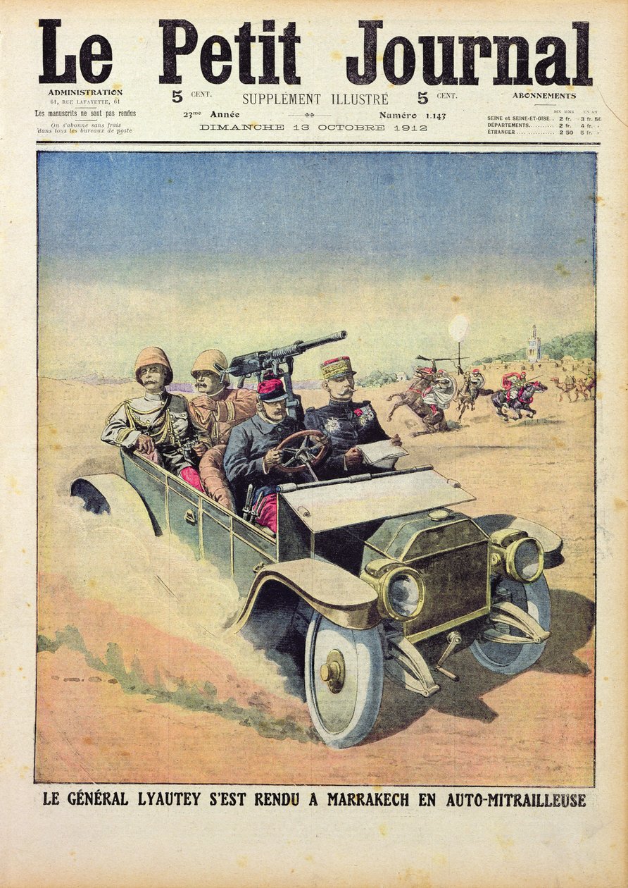 Kenraali Lyautey (1854-1934) menossa Marrakeshiin panssaroidulla autolla, kirjasta "Le Petit Journal", 13. lokakuuta 1912 tekijältä French School