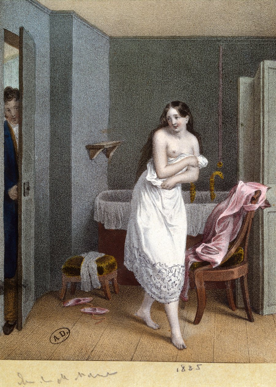Tyttö kylpyhuoneessa ja mies avaamassa oven, 1825 tekijältä French School
