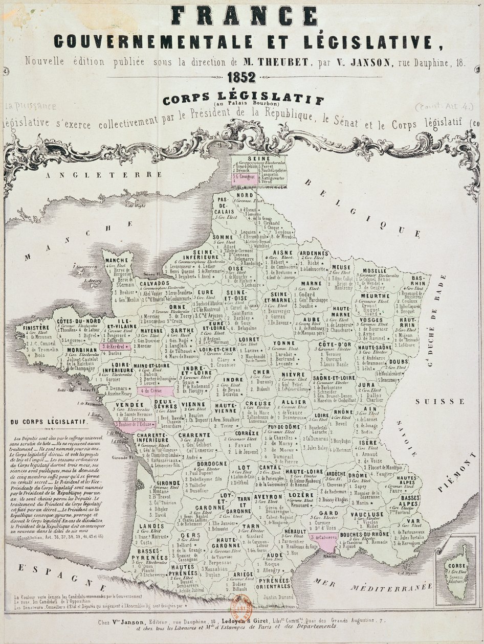 Ranskan hallitus- ja lainsäädäntökartta, painanut Ledoyen und Giret, Pariisi, 1852 tekijältä French School