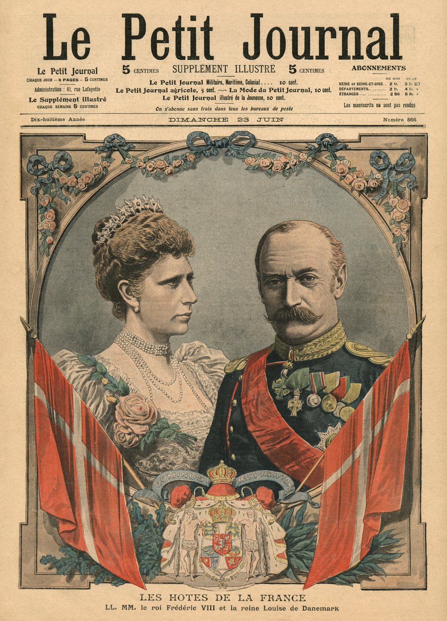 Ranskan vieraat, Tanskan kuningas Frederick VIII (1843-1912) ja kuningatar Louise (1851-1926), kuvitus "Le Petit Journalista", liitekuva, 23. kesäkuuta 1907 tekijältä French School
