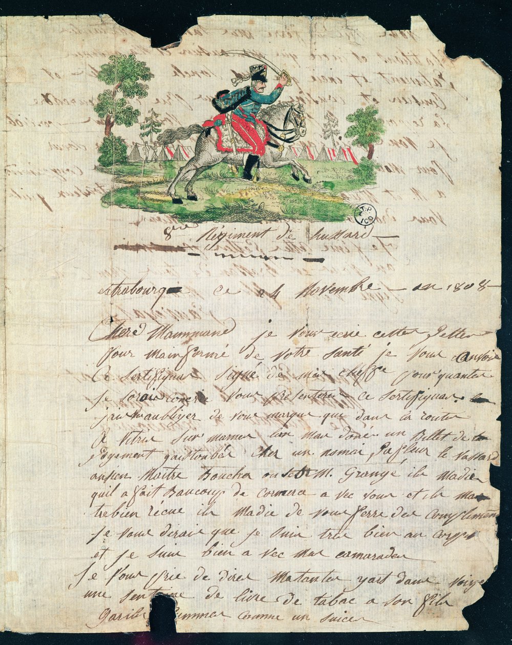 Kuvitettu kirje 8. rykmentin husaarilta äidilleen, 14.11.1808 (kynä ja muste ja wc paperilla) tekijältä French School