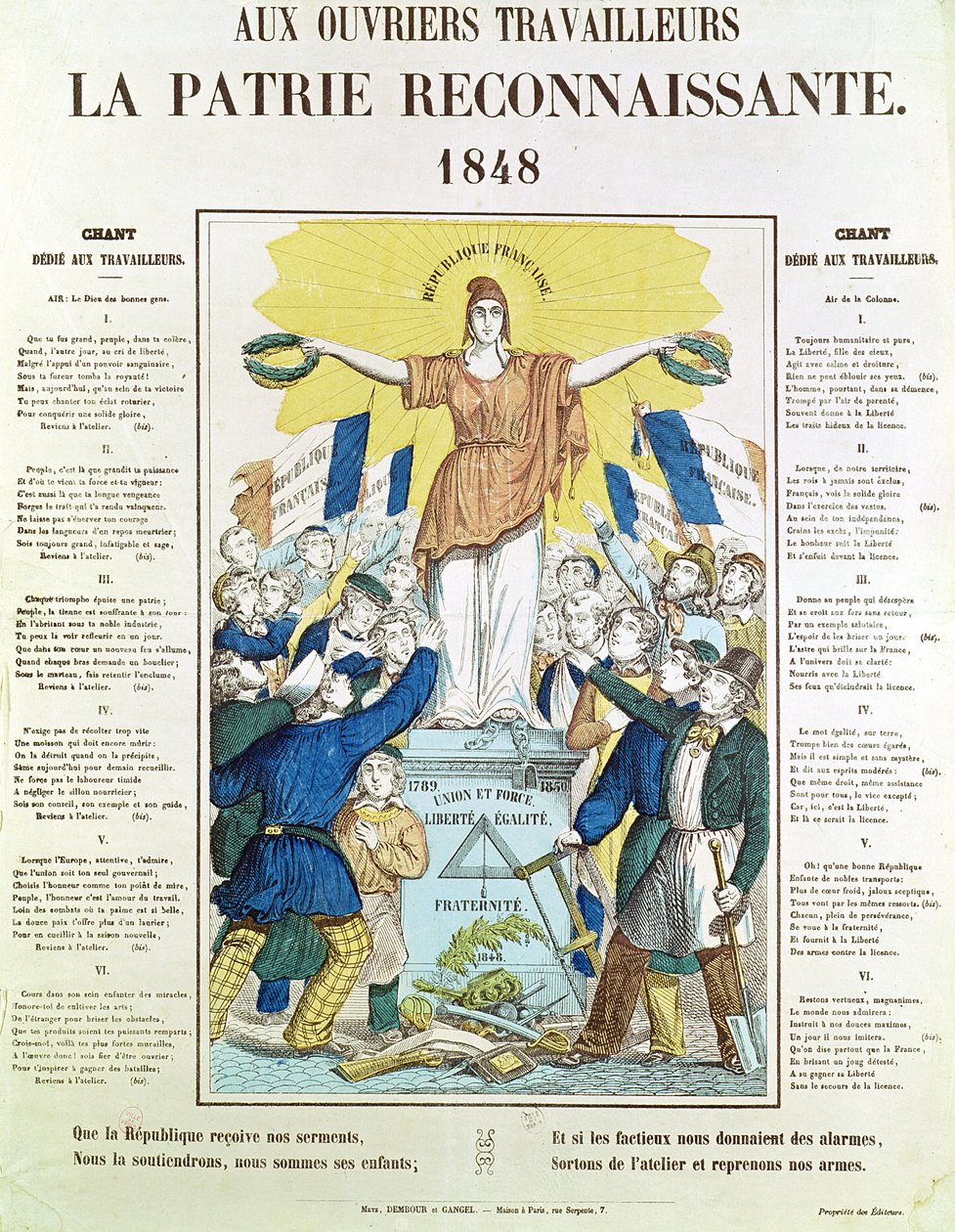 Kuvitettu sanoitusarkki työläisille omistettuun lauluun, 1848 tekijältä French School