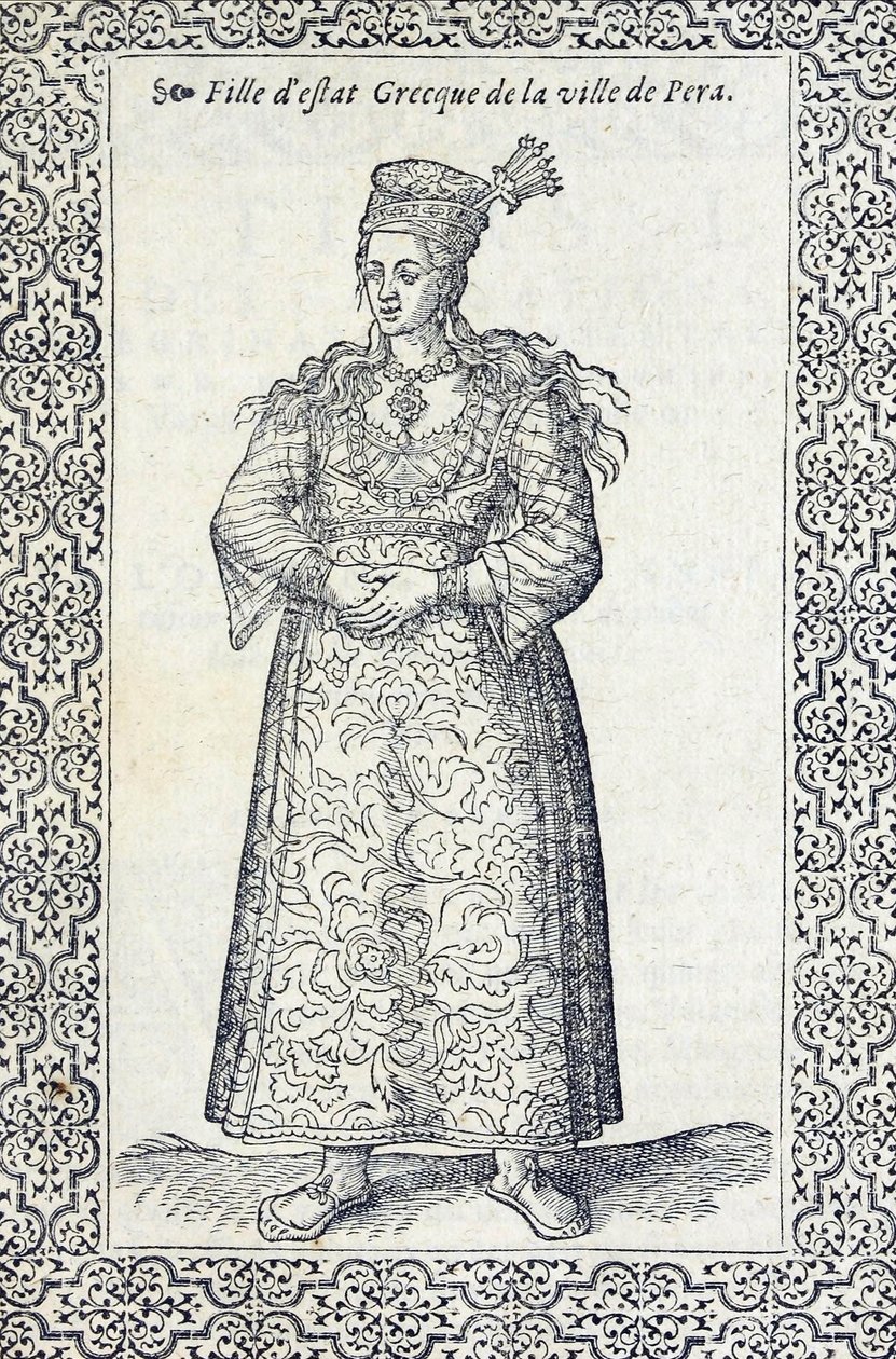 Kuva kreikkalaistytöstä Perasta, Nicolas de Nicolayn teoksesta Les navigations, peregrinations et voyages, faicts en la Turkey, ennen vuotta 1576 tekijältä French School