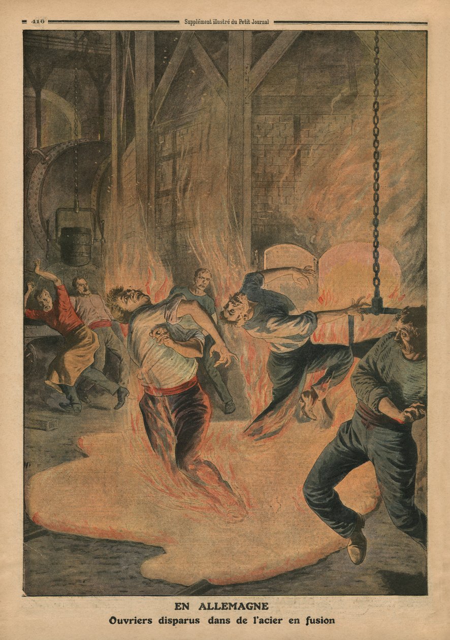 Saksassa työläiset uppoavat sulaan teräkseen, kuva Le Petit Journalista, liitekuva, 25. joulukuuta 1910 tekijältä French School