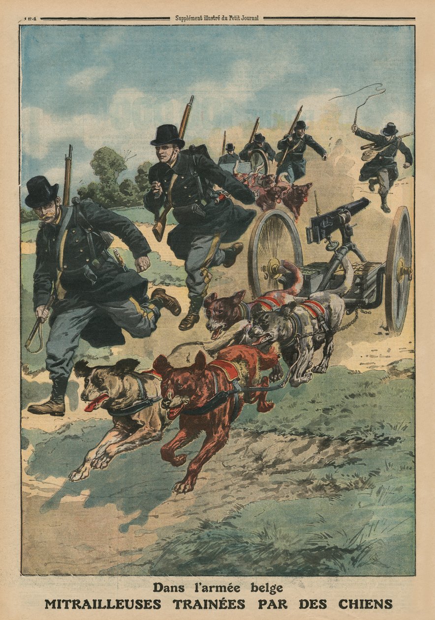 Belgian armeijassa koirien vetämät konekiväärit, etukannen kuvitus Le Petit Journalista, liitekuva, 8.6.1913 tekijältä French School