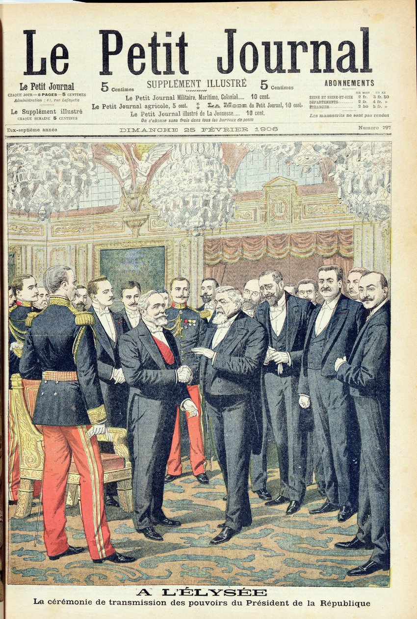 Elyseen palatsissa Ranskan tasavallan presidentin seremoniallinen vallansiirto, kuva "Le Petit Journalista", 25. helmikuuta 1906 tekijältä French School