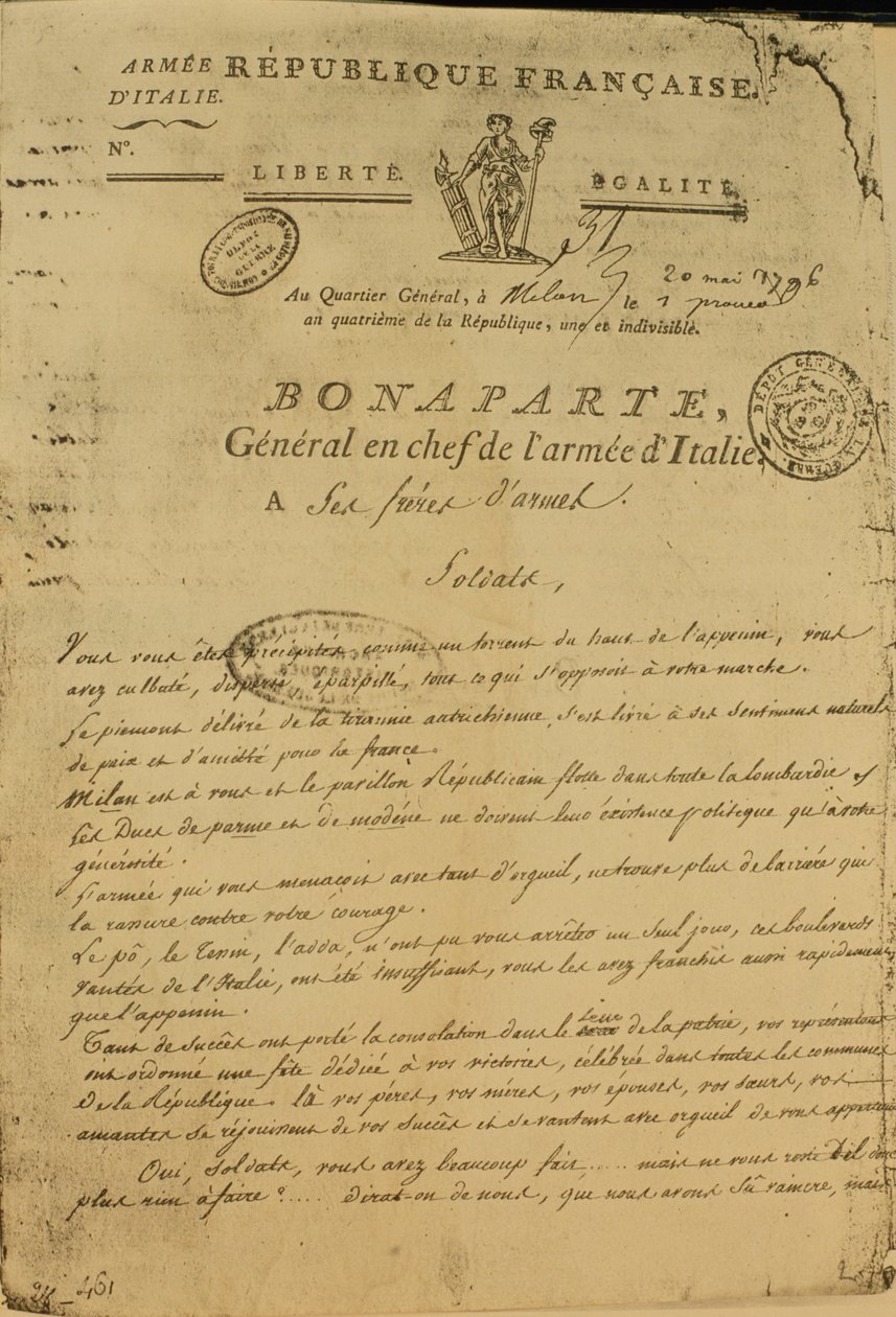 Napoleonin Italian armeijan kenraalina 20. toukokuuta 1796 antamat ohjeet sotilaille tekijältä French School