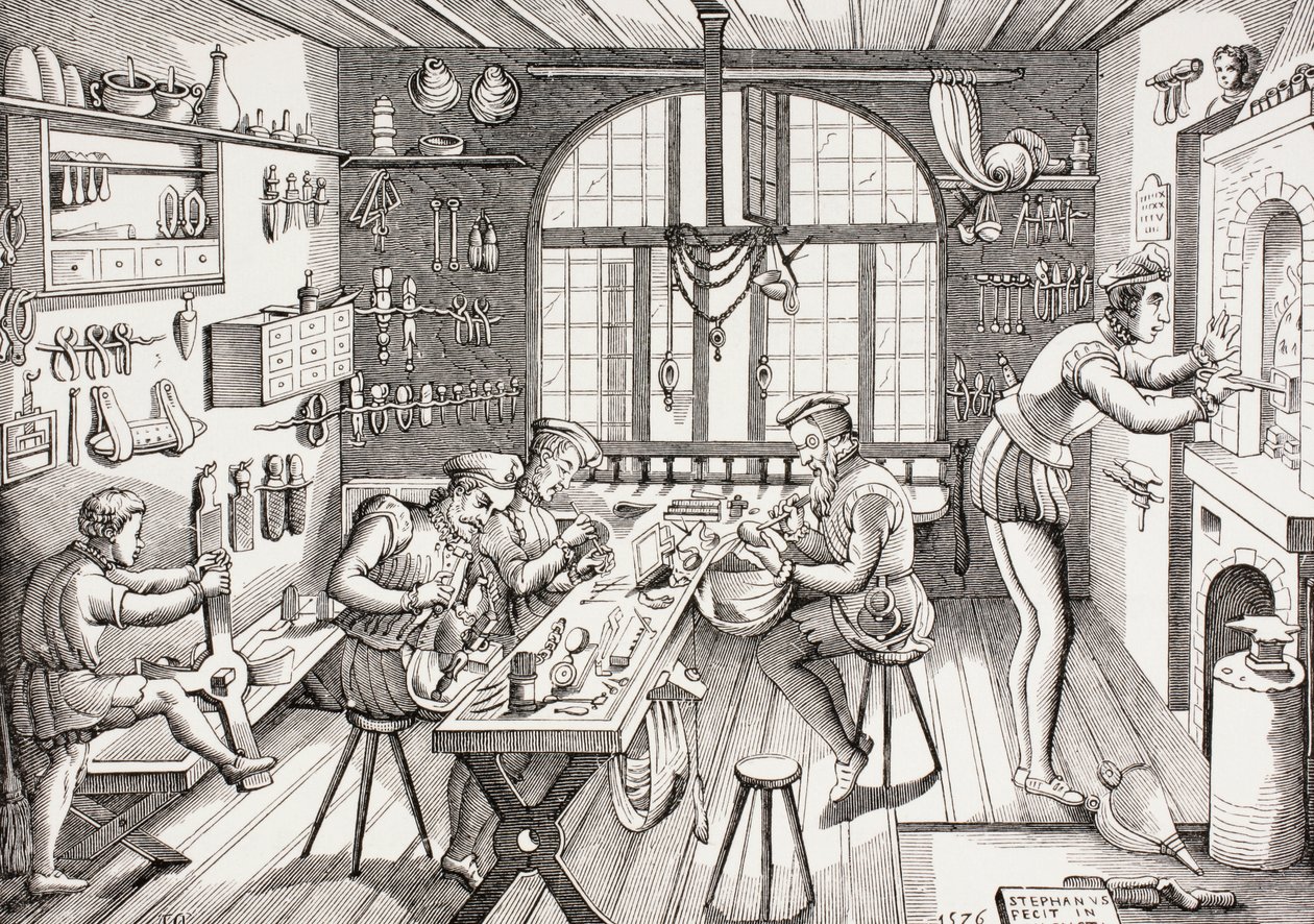 Etienne Delaunen työpajan sisustus, Les Arts au Moyen Age, julkaistu 1873 tekijältä French School