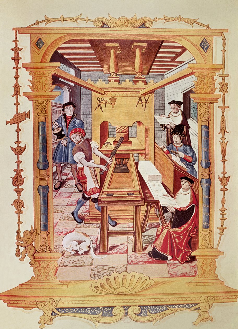 1500-luvun kirjapainon sisätilat, jäljennös miniatyyristä "Chants royaux sur la Conception couronnee du Puy de Rouen". tekijältä French School