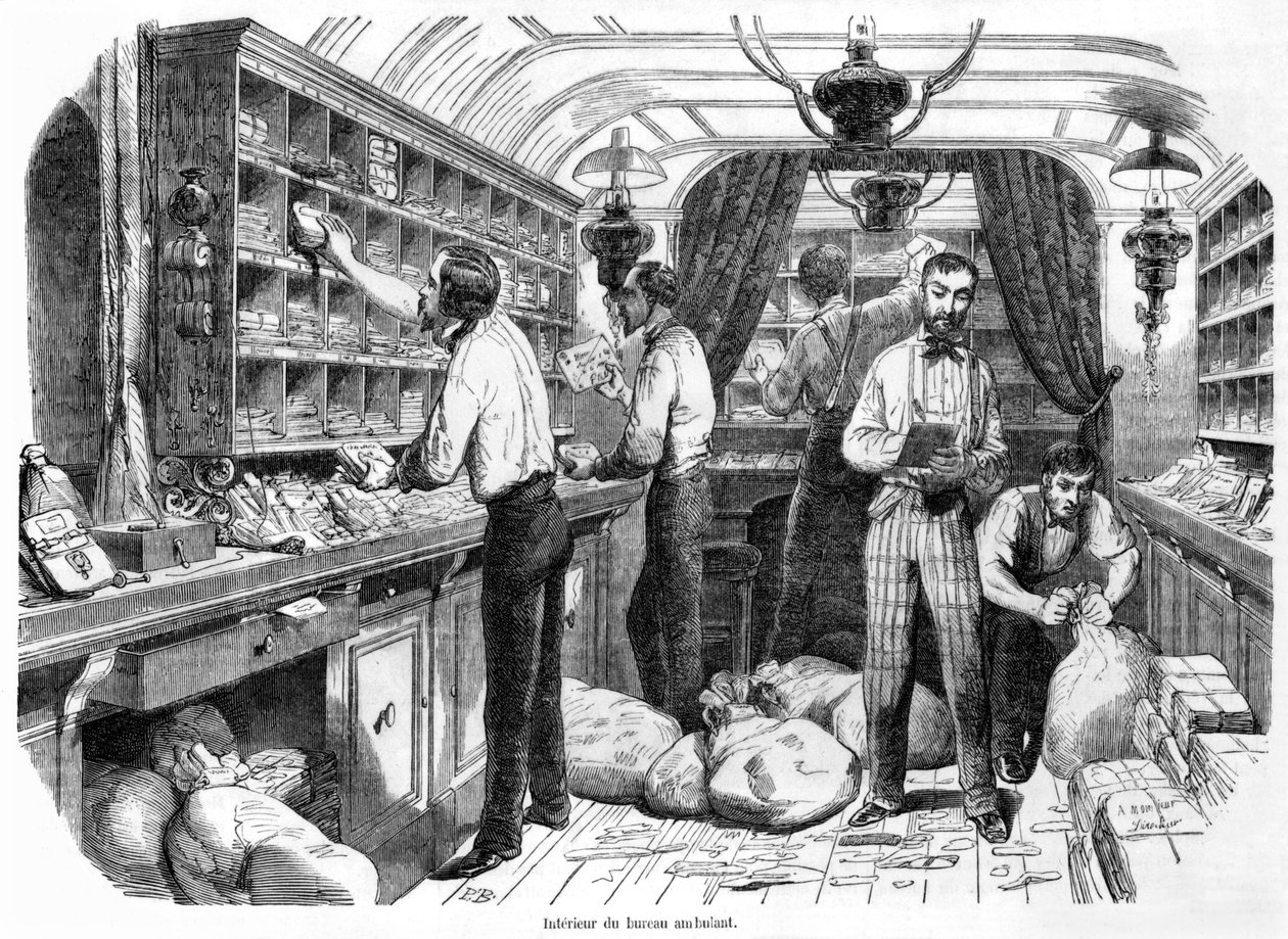 Ranskalaisen rautatien postivaunun sisustus, kuvitus Edmond Texierin Tableaux de Parisista, julkaistu 1853 tekijältä French School
