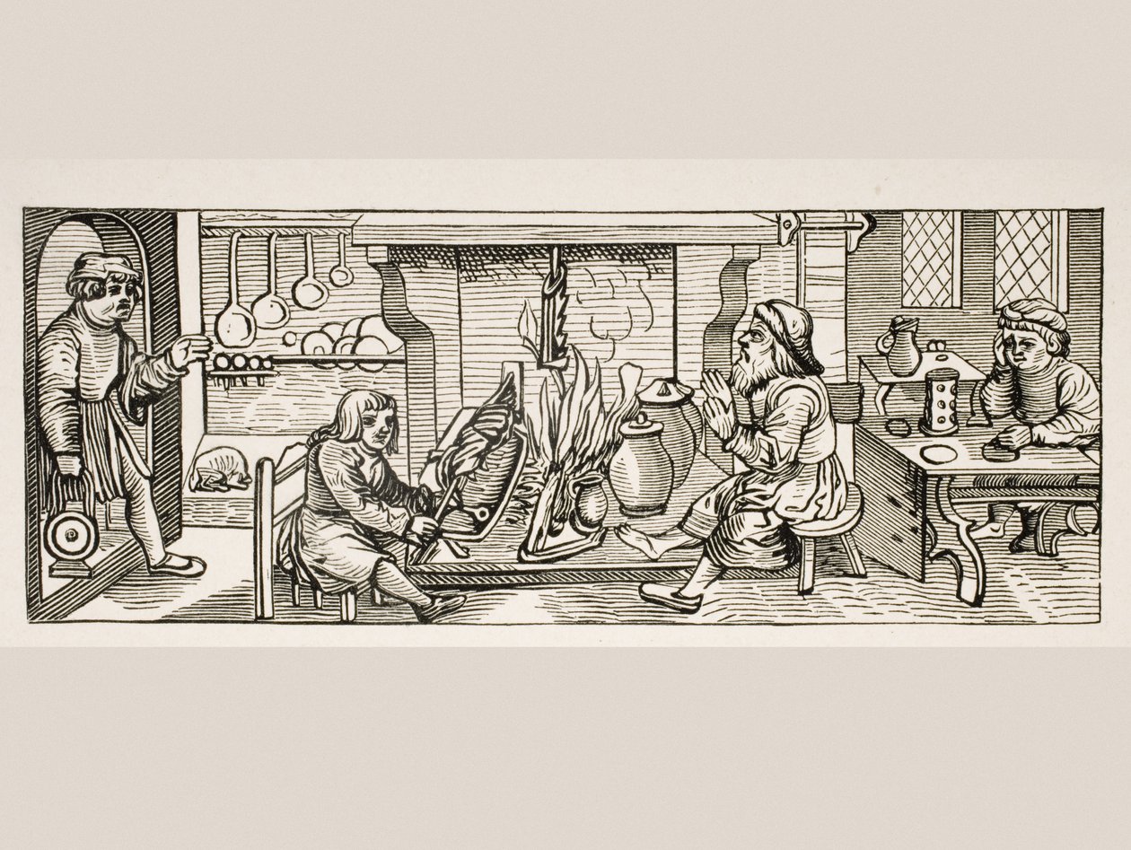 Keittiön sisustus Jean Staefflerin Calendarium Romanumissa tehdyn puupiirroksen mukaan, painettu Tubingen, Saksa, 1518, Paul Lacroixin (1806-84) Le Moyen Age et La Renaissance -julkaisusta, julkaistu 1847 tekijältä French School