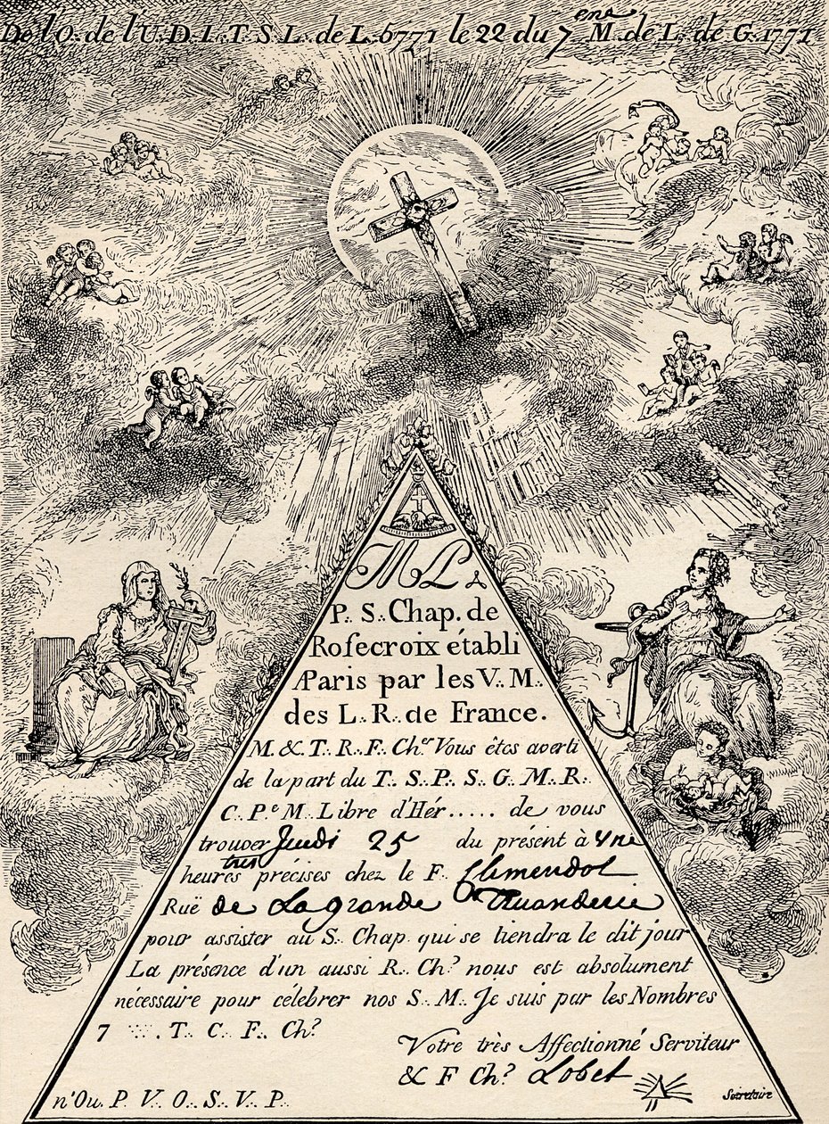 Kutsu Ranskan vapaamuurarien osastolta, 1771, Eugen Lennhoffin teoksesta The Freemason, julkaistu 1932 tekijältä French School