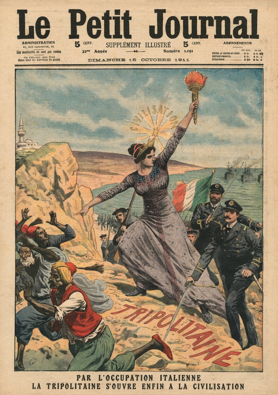 Italia tarjoaa sivilisaation Tripolitanialle, kuvitus "Le Petit Journalista", liitekuva, 15. lokakuuta 1911 tekijältä French School
