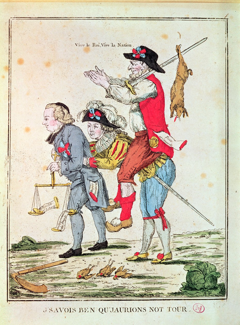 "Je Savais Bien Que Nous Aurions Notre Tour", kolmea ritarikuntaa kuvaava karikatyyri, 1789 tekijältä French School