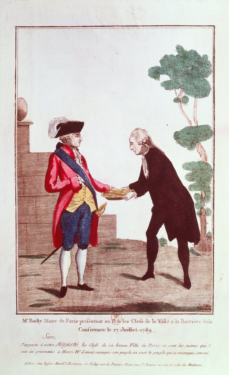 Jean Sylvain Bailly (1736-93) esittelee Louis XVI:lle (1754-93) Pariisin kaupungin avaimet, 17. heinäkuuta 1789 tekijältä French School