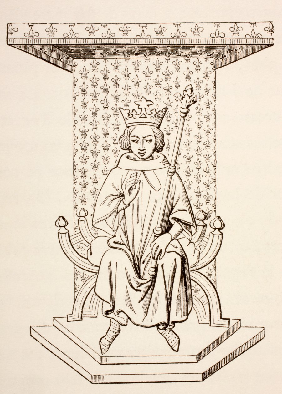 Ranskan kuningas Ludvig IX valtaistuimellaan Fleur-de-Lis-aiheella, 1873 tekijältä French School