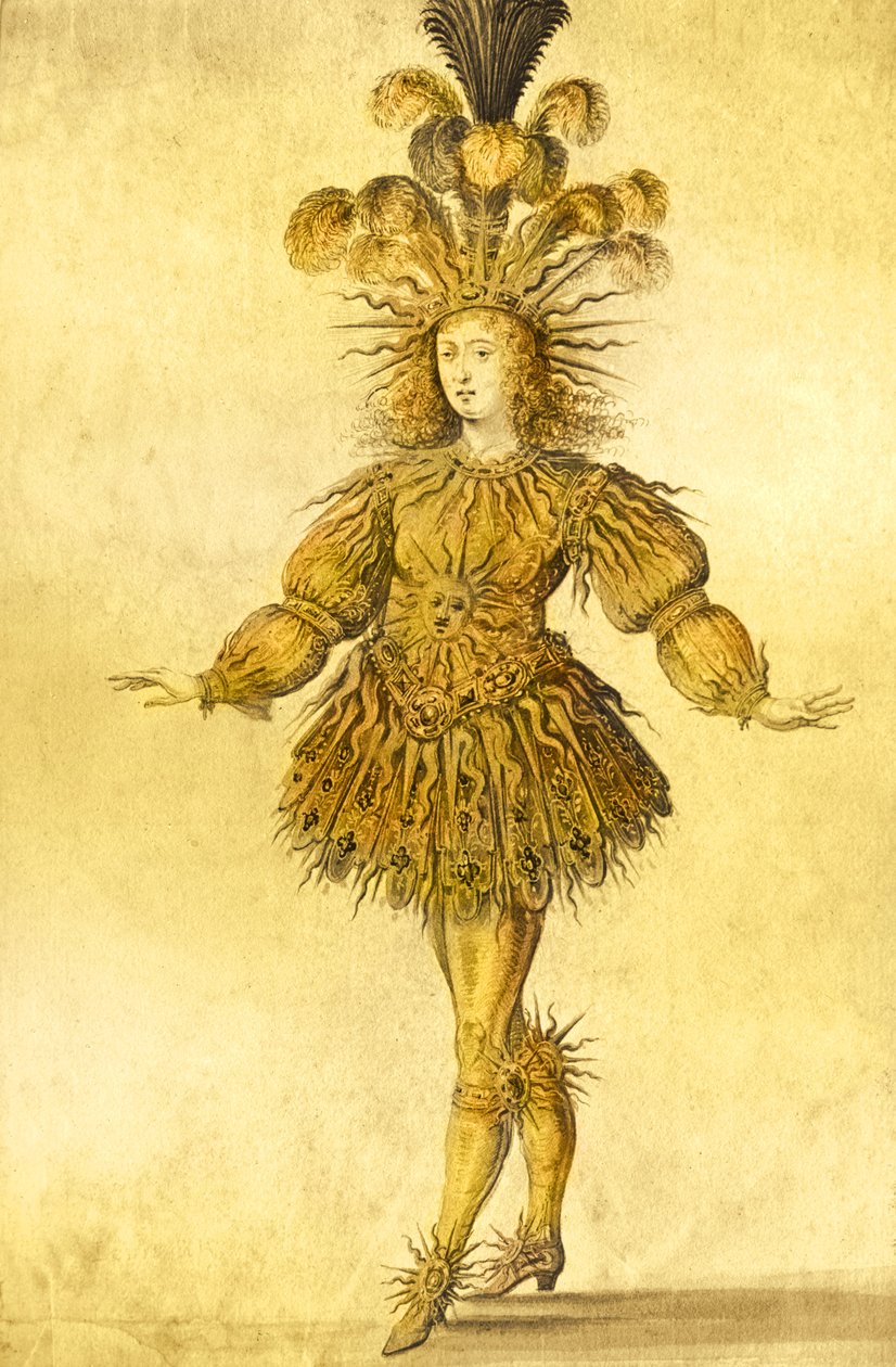 Ranskan kuningas Ludvig XIV Aurinkokuninkaan puvussa baletissa "La Nuit", 1653 (myöhempi väritys). tekijältä French School